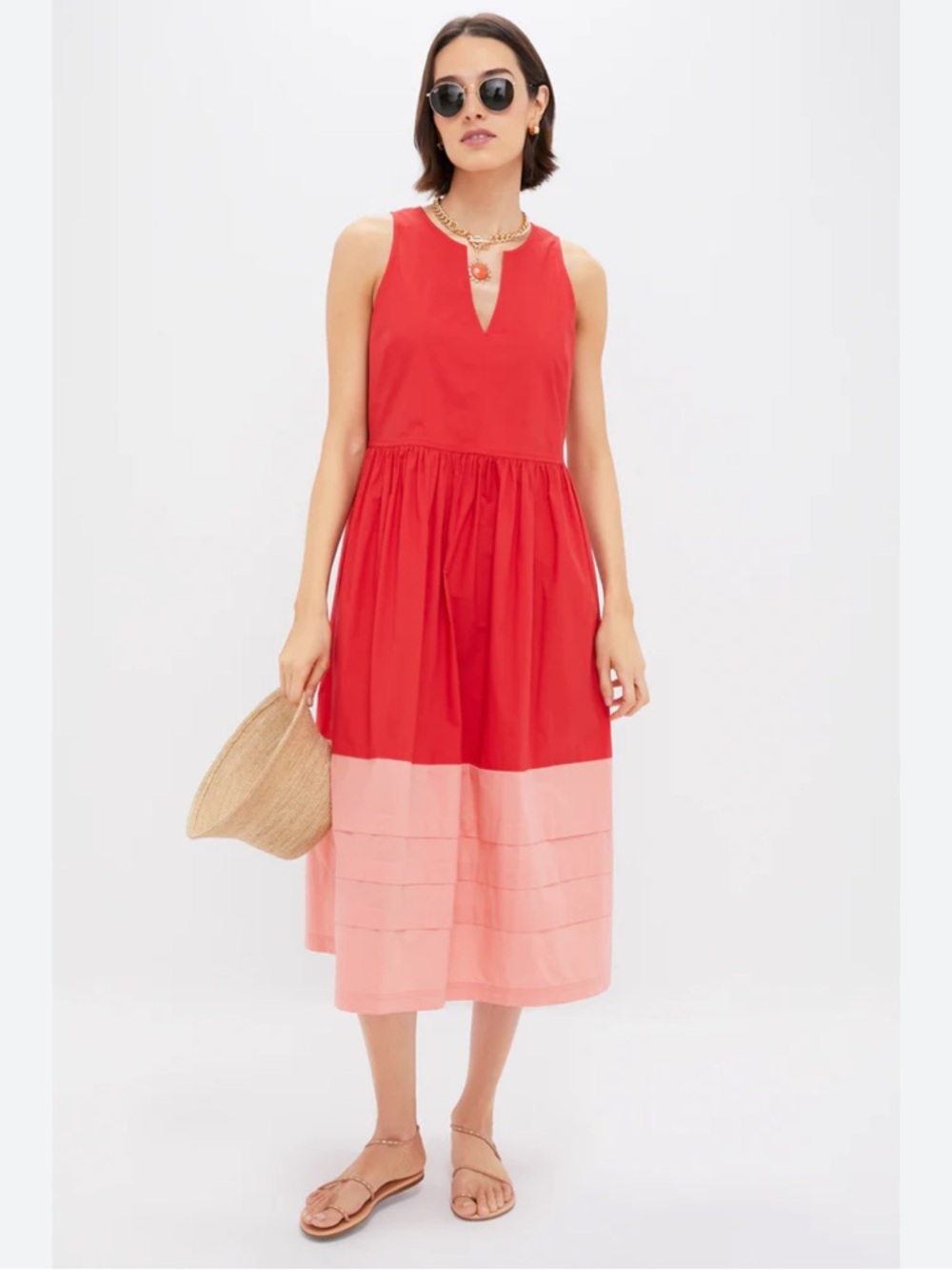 Tuckernuck Elsie Sleeveless Colorblock‎ Midi Dress poppy and coral size L NWT